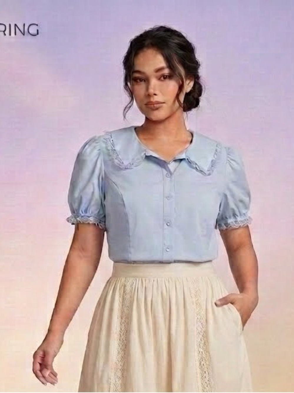NWT Coquette ruffle trim SHEIN Light Blue Puff Sleeve Button-Up Blouse Size 1X